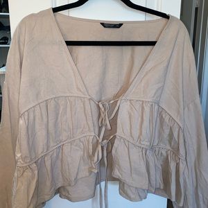 Lantern Sleeve Flounce Hem Tie Front Top